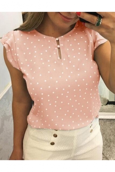 Summer Fashion Simple Polka Dot Printed Ruffle Sleeve Casual T-Shirt