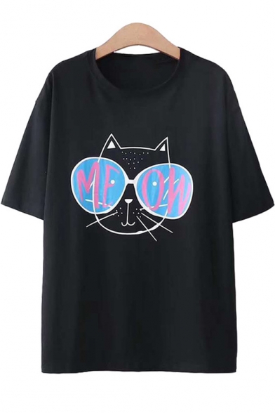 Summer Girls Cute MEOW Glasses Cat Print Short Sleeve Round Neck Casual Tee