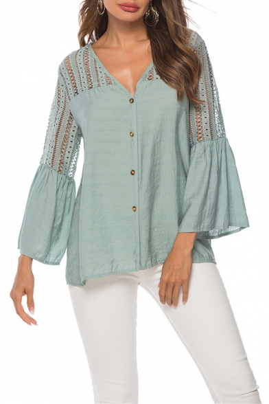Summer Green Hollow Out Flared Sleeve V-Neck Button Down Loose Fit Shirt Blouse