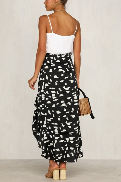 Summer Holiday Classic Polka Dot Printed Ruffled Hem Wrap Front Maxi Skirt