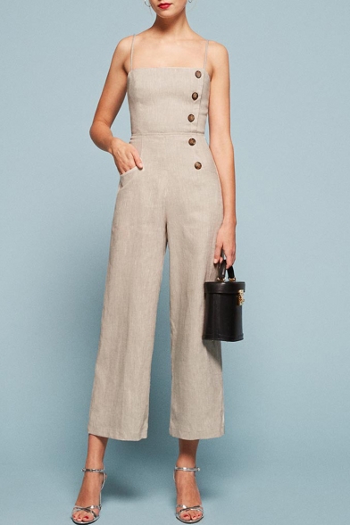 Summer Hot Fashion Grey Straps Sleeveless Button Embellished Vintage Cotton Jumpsuits
