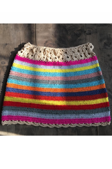 Summer Hot Fashion Rainbow Color Cutout Crochet Mini Fitted Knit Beach Skirt