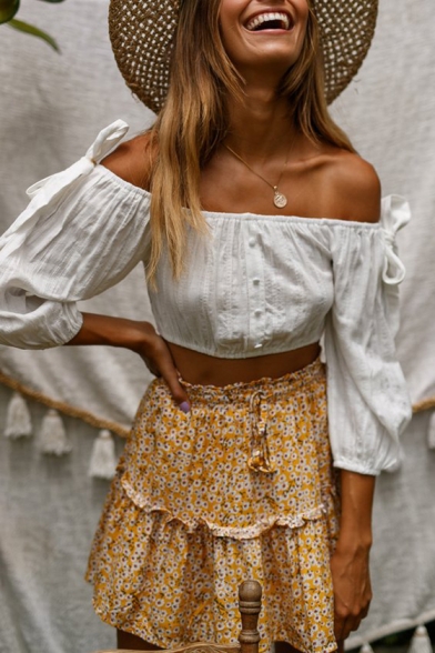 Summer Hot Fashion Ruffled Tied Waist High Rise Floral Print Mini A-Line Beach Skirt