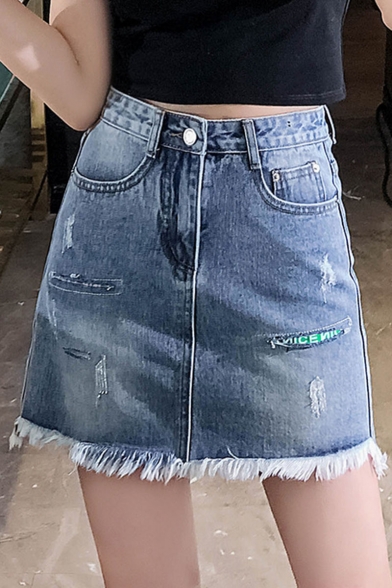 Summer Hot Fashion Sweet Girls Ripped Pocket Fringe Hem Mini A-line Denim Skirt