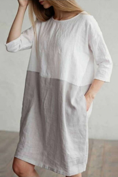 Summer Hot Fashion Two-Tone Colorblocked Round Neck Casual Loose Mini Linen Dress