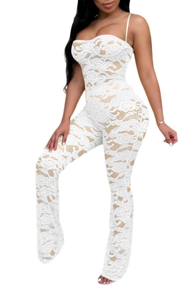 

Summer Hot Popular White Strap Sleeveless Skinny Fitted Sheer Lace Jumpsuits, LM550460