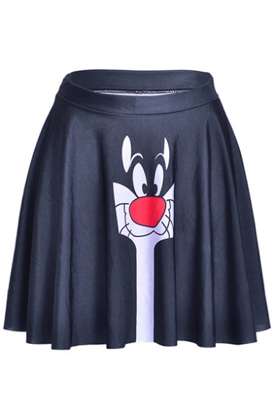 Summer Hot Stylish High Waist Cat Print Pleated Mini Black Skater Skirt for Women