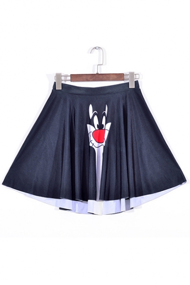 Summer Hot Stylish High Waist Cat Print Pleated Mini Black Skater Skirt for Women