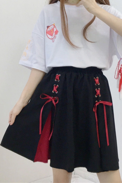 Summer Hot Stylish Lace Up Front Eyelet Embellished Patch High Elastic Waist Classic Flare Mini Skirt