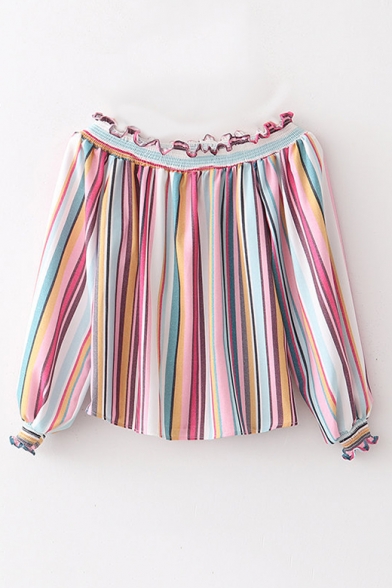 Summer Hot Stylish Rainbow Striped Off Shoulder Flounce Trim Casual Loose Blouse