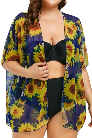 Summer Hot Trendy Oversize Sunflower Print Open Front Beach Sunscreen Chiffon Shirt
