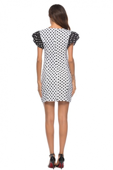 Summer New Trendy White Polka Dot Print Flutter Sleeve Mini A-Line Dress