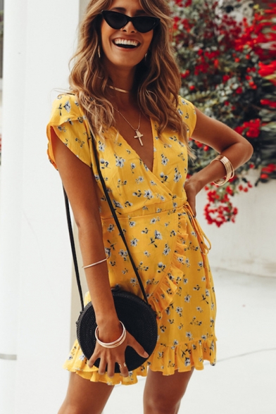 yellow floral v neck dress