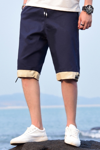 Summer Simple Fashion Color Block Drawstring Hem Men's Casual Beach Shorts