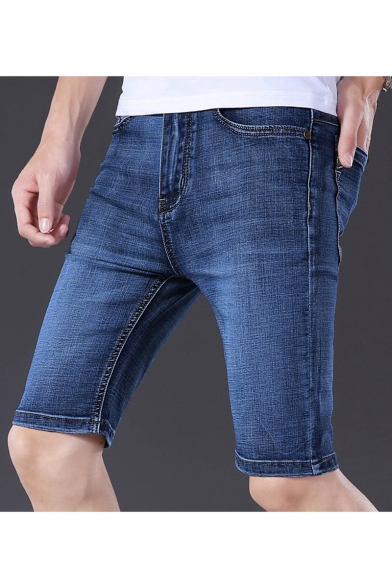 Summer Simple Fashion Light Washed Plain Slim Fit Zip-fly Denim Shorts for Men