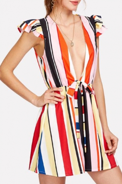 Summer Stylish Striped Print Plunge V Neck Ruffle Sleeves Tie Waist Casual Loose Holiday Rompers