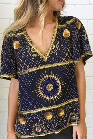 Summer Stylish Tribal Pattern V-Neck Short Sleeve Loose Casual T-Shirt for Women