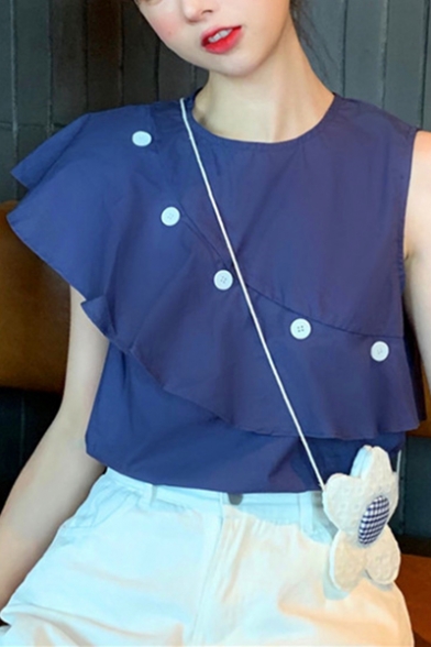 Summer Sweet Girls Unique Design Ruffled Hem Button Embellished Sleeveless Blouse Top