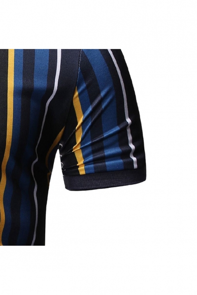Summer Trendy Blue Vertical Striped Printed Short Sleeve Slim Fit Polo Shirt