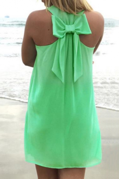 Summer Trendy Simple Plain Sleeveless Bow-Tied Back Mini Beach Tank Dress