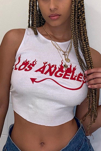 Summer Womens Cool Fire Letter LOS ANGELES Printed Round Neck Sleeveless White Slim Crop Tank Top