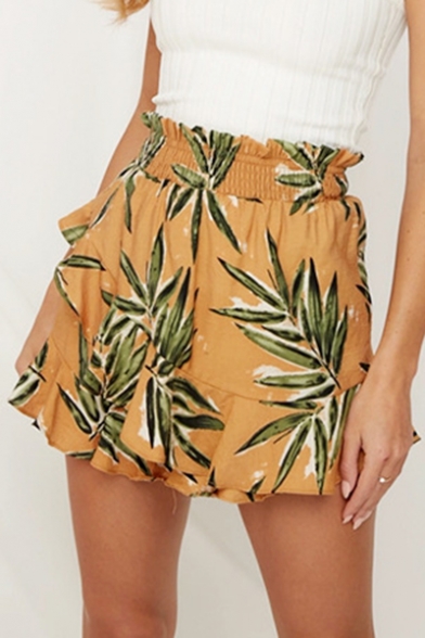 Summer Womens Fashion Holiday Yellow Leaf Print Ruffled Elastic Waist Skorts Skirt