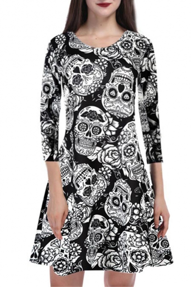 Summer Womens Halloween Skull Print Round Neck Long Sleeve Black A-Line Mini Dress