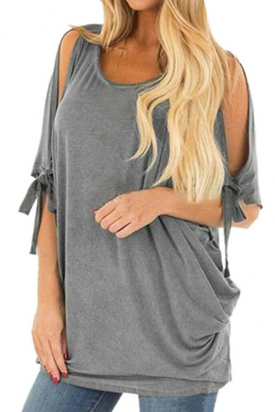 Summer Womens Hot Trendy Round Neck Cutout Sleeve Plain Oversized T-Shirt