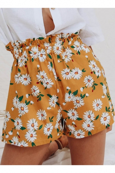 Summer Womens Popular Fancy Yellow Floral Print Loose Fit Paperbag Shorts