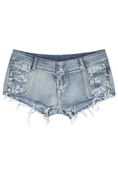 Summer Womens Sexy Low Rise Hollow Out Distressed Frayed Hem Light Blue Night Club Hot Pants Denim Shorts
