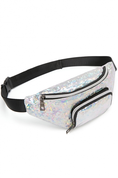 Trendy Broken Glass Printed Double Zipper Pocket Laser Waist Belt Bag 27*7*11 CM