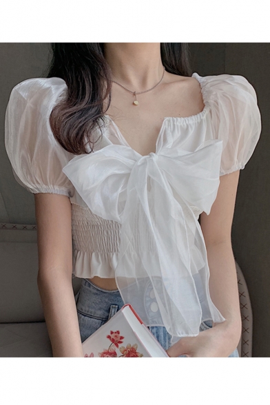 Trendy Plain Bubble Sleeve Bow Knotted Shirred Chiffon Lace Sweet Cute Blouse