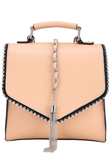 Trendy Plain PU Leather Rivet Tassel Embellishment Convertible School Satchel Shoulder Bag Backpack 21*20*9 CM