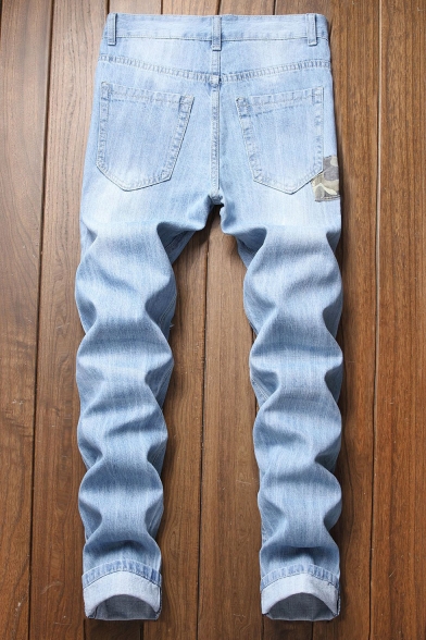 Trendy Popular Camouflage Printed Patched Zip-fly Light Blue Ripped Jeans
