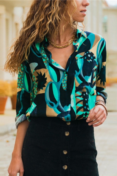 Unique Graffiti Fashion Long Sleeve Loose Fitted Button Down Chiffon Shirt for Women