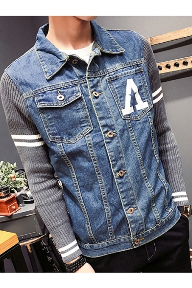 Unique Letter A Pocket Knit Patched Long Sleeve Button Front Fitted Blue Denim Jacket