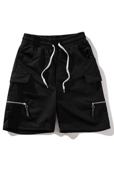 Unisex Summer New Fashion Solid Color Zipper Embellished Drawstring Waist Black Cotton Cargo Shorts Casual Sweat Shorts