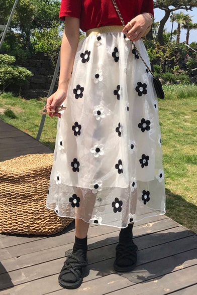Women Chic Trendy Floral Print Mesh Elastic Waist Flare Maxi Skirt