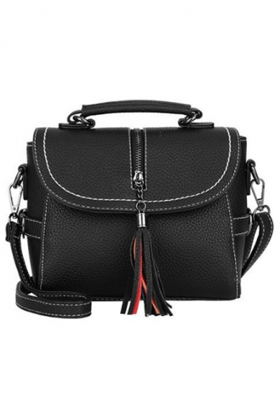 Women's Fashion Plain Zipper Tassel Embellishment School Crossbody Satchel Bag