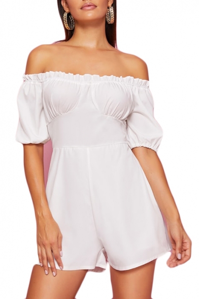 Women's Sexy Off Shoulder White Cotton Short Sleeve Graceful Fitted Romper