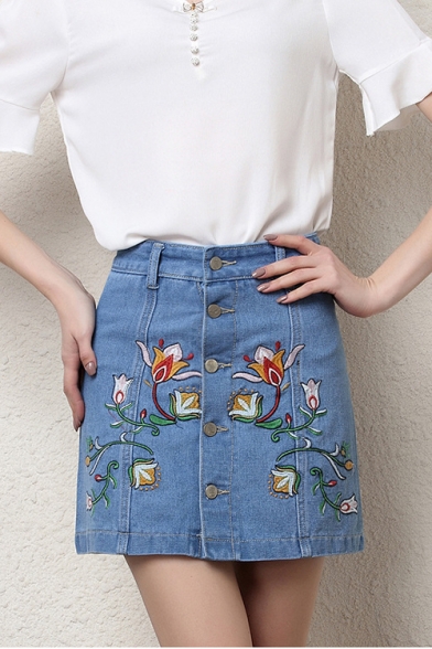 Womens Chic Floral Embroidery Button Front Light Blue Denim Skirt