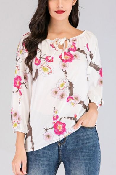 Womens Chic Floral Pattern Sexy Off the Shoulder Long Sleeve Blouse Top