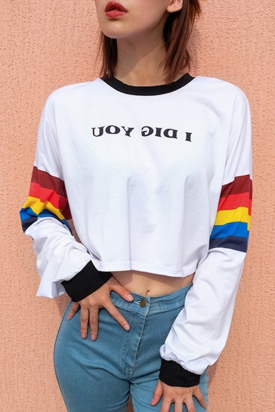 Womens Cool Simple Letter I DIG YOU Rainbow Long Sleeve White Crop Sweatshirt