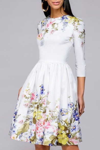 Womens Elegant Chic Simple Floral Printed Three-Quarter Sleeve White Midi Pleated Fit and Flared Dress