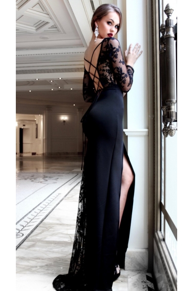 Womens Fashion Black Round Neck Long Sleeve Lace-Panel Cutout Back Split Side Maxi Evening Dress