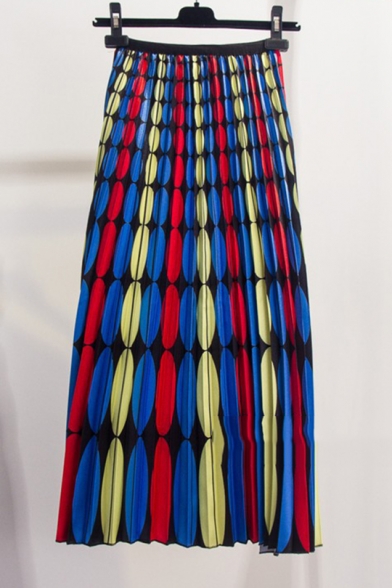 Womens Hot Fashion High Waist Polka Dot Print Colorblock Pleated Midi Summer Skirt