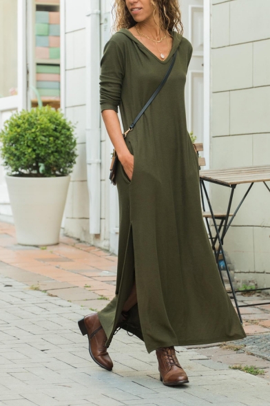 Womens Hot Fashion Plain Long Sleeve Split Side Maxi Casual Loose Hooded Dress with Pocket