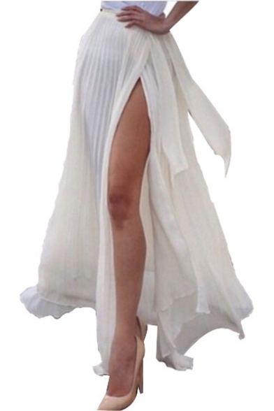 Womens Hot Fashion White Pleated Split Side High Waist Bow-Tie Maxi Summer Skirt