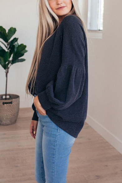 Womens Hot Popular Simple Plain Round Neck Lantern Long Sleeve Loose Fit Pullover Sweatshirt