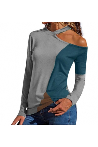 Womens New Stylish Color Block Cold Shoulder Long Sleeve Casual Loose T-Shirt
